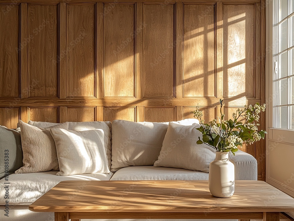 Minimalist, a modern Scandinavian interior design of a residential living room with a wood finish and sofa and table. Generative AI
