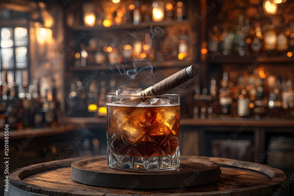 Obraz premium Luxurious Whiskey and Cigar Experience in Atmospheric Bar Setting