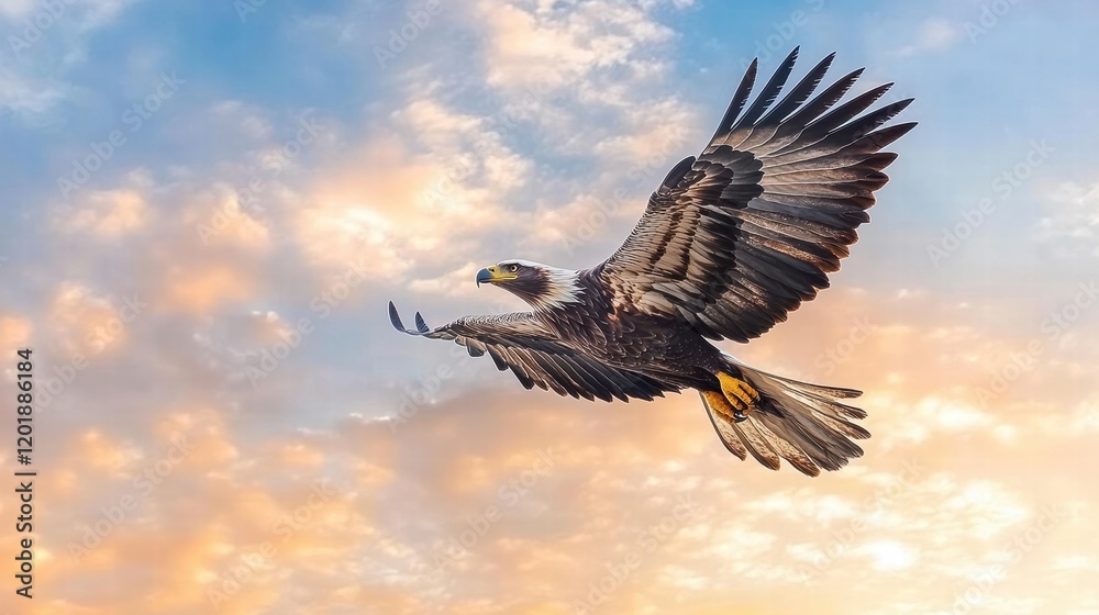 Obraz premium Eagle flying through soft clouds with a vibrant sunrise sky, symbolizing freedom and strength, warm golden light illuminating its wings