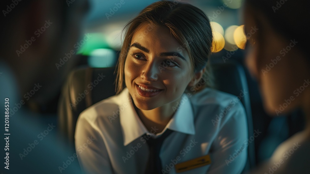 Cabin crew providing assistance to a nervous flyer, gentle expressions captured under soft lighting, candid lifestyle photography Cabin crew providing assistance to a nervous flyer, gentle expressions captured under soft lighting, candid lifestyle photography