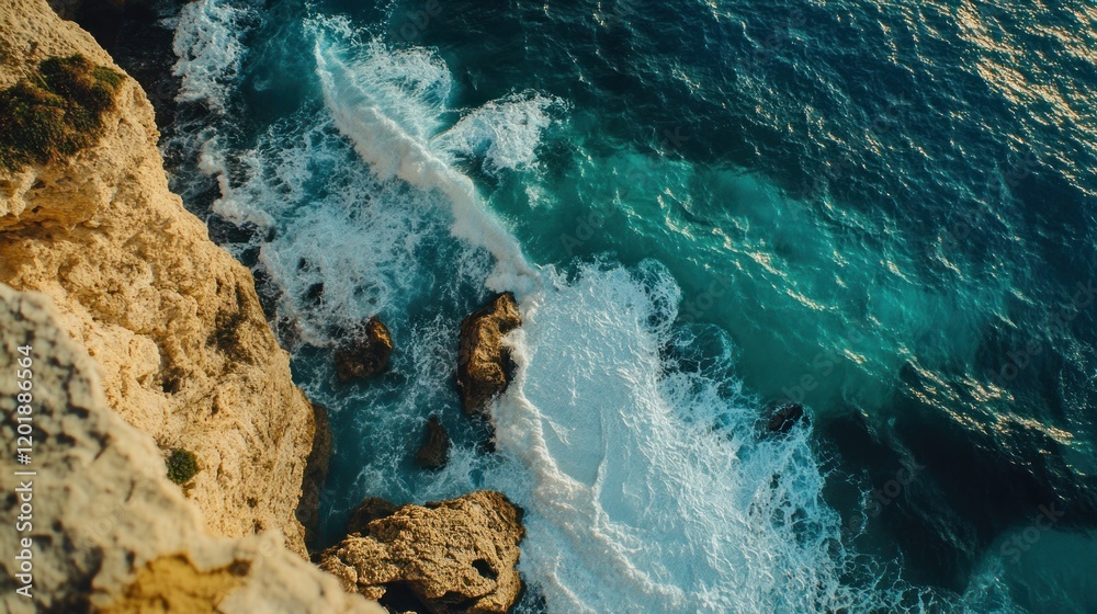 Obraz premium A breathtaking aerial view of waves crashing against the rocky coastline at sunset
