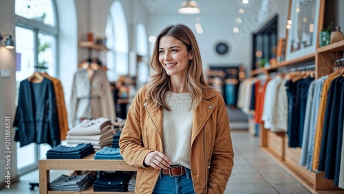 Beautiful happy smiling woman making shopping, walking and looking in the clothes shop