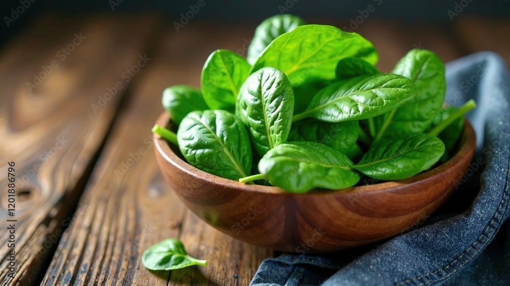 Fresh Spinach in Wooden Bowl - Healthy Eating Fresh Spinach in Wooden Bowl - Healthy Eating