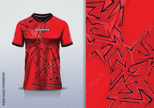 T-shirt mockup abstract stripe line jersey design for football, soccer, racing, esports, running, in red black color