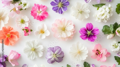 A top view of spring flowers with vibrant blossoms in shades of pink, white, purple, and soft green