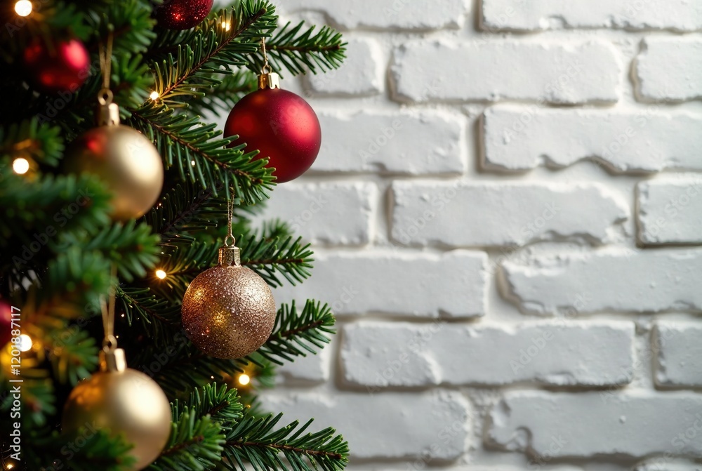 Festive Christmas Garland on Brick Wall - Bright Holiday Decor Festive Christmas Garland on Brick Wall - Bright Holiday Decor