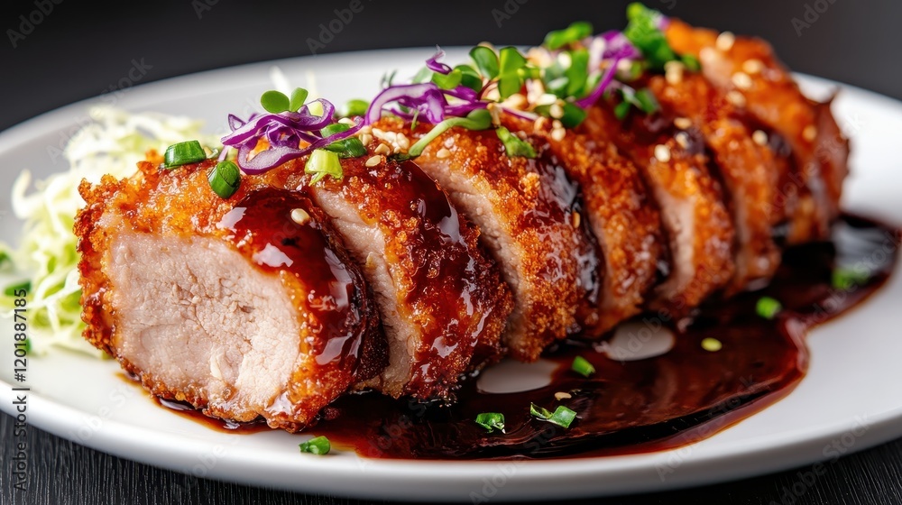 Delectable crispy pork cutlet coated with a tangy sauce and garnished with fresh herbs, creatively arranged with decorative veggies for an enjoyable meal. Delectable crispy pork cutlet coated with a tangy sauce and garnished with fresh herbs, creatively arranged with decorative veggies for an enjoyable meal.