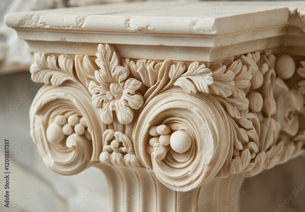 Naklejka premium Intricate Carved Capital of Decorative Column Featuring Floral Patterns and Elegant Scrollwork in Neutral Tones Captured in Natural Light