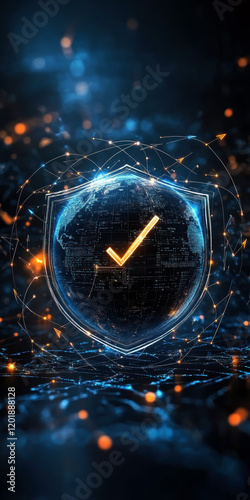 This image beautifully depicts a glowing globe encapsulated in a shield, symbolizing digital security and validation in an interconnected world of technology and information.