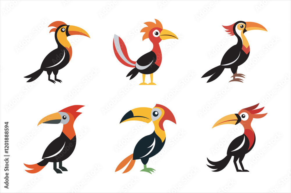 Naklejka premium Hornbill Vector Bundle - Exotic Tropical Bird Illustrations. A unique collection of hornbill vector graphics showcasing the distinctive beauty of these exotic birds.