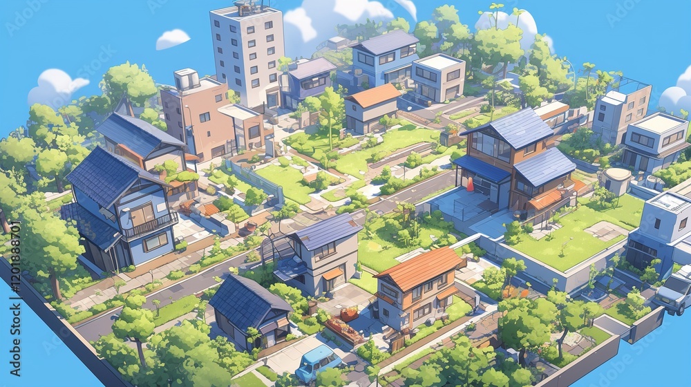 Naklejka premium Isometric illustration of a peaceful residential neighborhood with houses, trees, and roads.