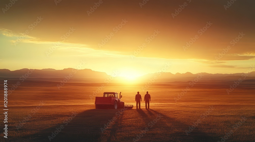 Farmers silhouetted at sunset, tractor in field. Farmers silhouetted at sunset, tractor in field.