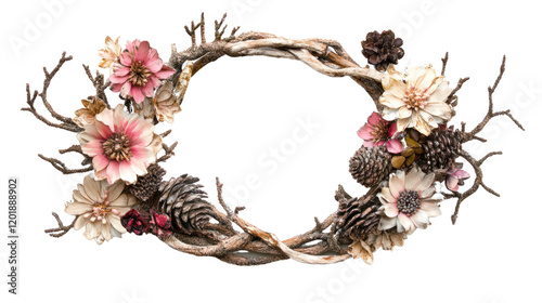 An elegant floral wreath featuring pink flowers and pine cones, perfect for seasonal decorations or nature-themed designs. photo