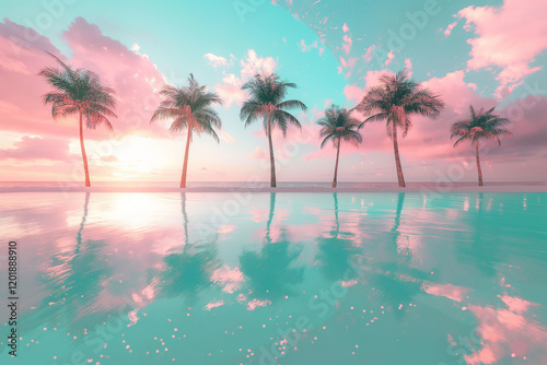 
A beautiful beach with colorful, glowing water that creates a stunning summer atmosphere, reminiscent of paradise.