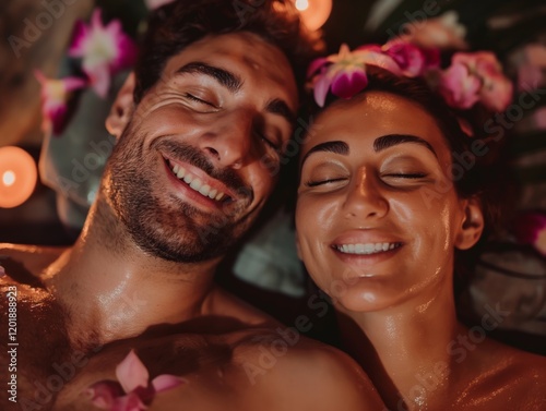 Couple enjoying a romantic spa day with side-by-side massages, intimate and relaxing