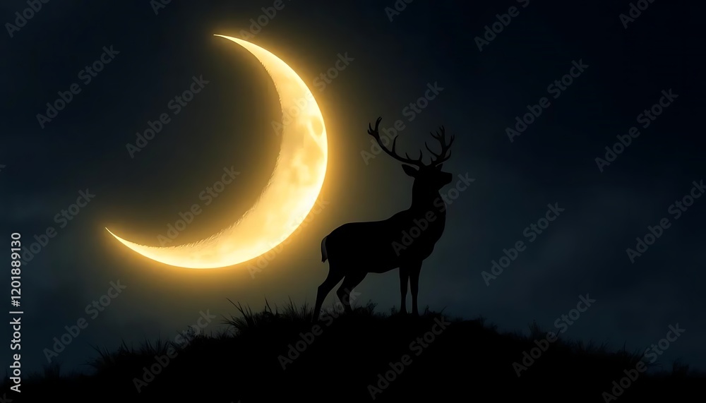 Naklejka premium Majestic Deer Silhouette Under Crescent Moon Night Landscape