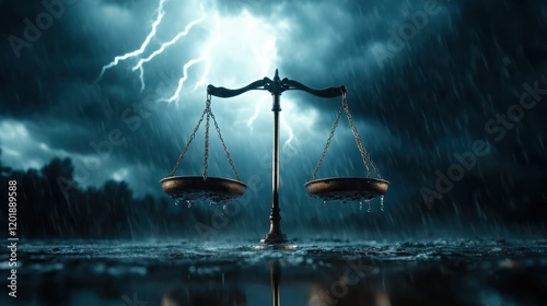 A classic set of scales stands balanced in a raging storm, contrasted by a vivid lightning bolt, symbolizing justice amidst chaos and moral dilemmas.