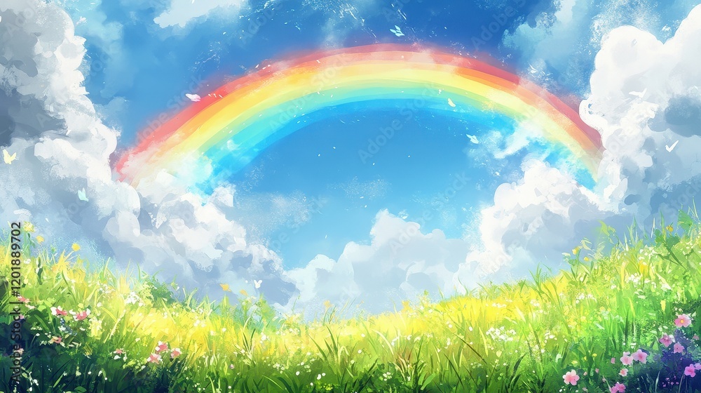 Rainbow arching over a field with clouds, symbol of hope and beauty, vibrant rainbow Rainbow arching over a field with clouds, symbol of hope and beauty, vibrant rainbow