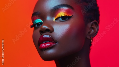 A woman with striking, colorful makeup, featuring a blend of vibrant eyeshadows and a bold lip color, highlighting her artistic expression and confidence.