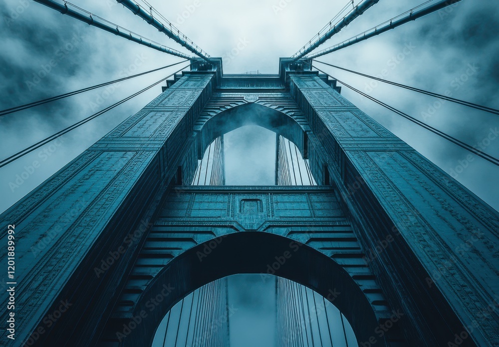 Naklejka premium Majestic Perspective of Suspension Bridge Towers Against Dramatic Clouds in a Blue Tint, Capturing Architectural Beauty and Engineering Marvel