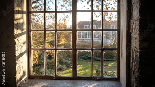Autumnal Garden View Through Old Window Pane