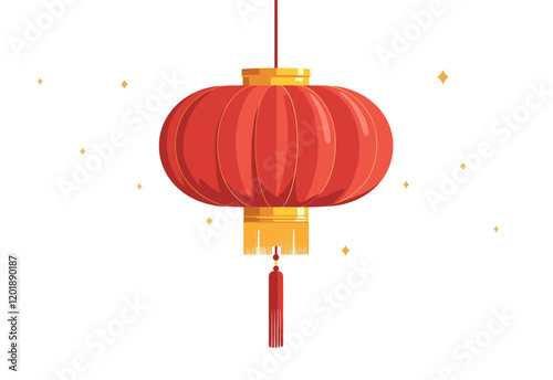 Simple Vector Chinese Lantern Lotus Flower Red Gold Palette White Background Tassel Bottom Flat Illustration Festive Elegant Design
