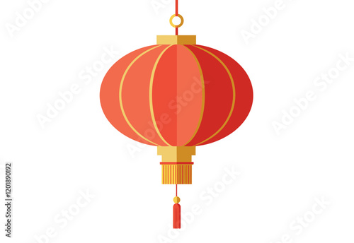 Red and Gold Chinese Lantern Lotus Flower Shape Simple Flat Vector White Background Tassel Bottom Festive Elegant Illustration
