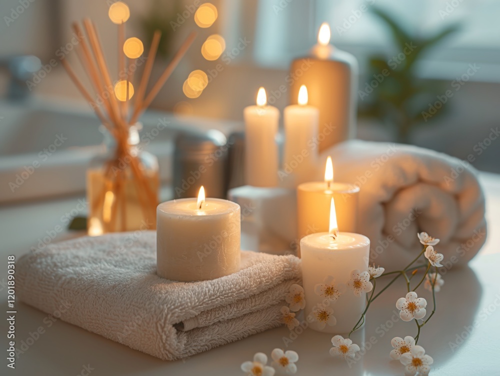 Spa room with aromatherapy candles and essential oils, creating a calming ambiance Spa room with aromatherapy candles and essential oils, creating a calming ambiance