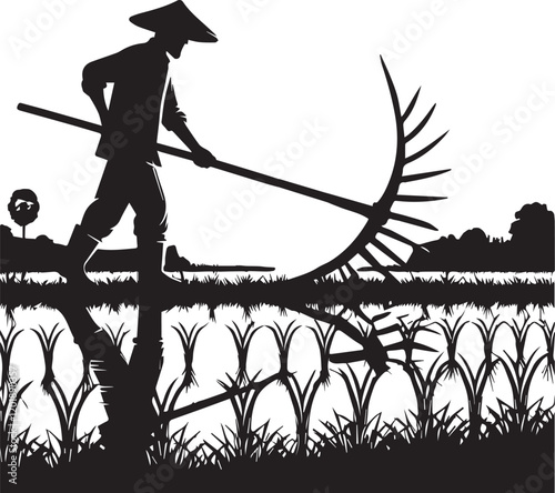 Farmer with mattock in field silhouette vector