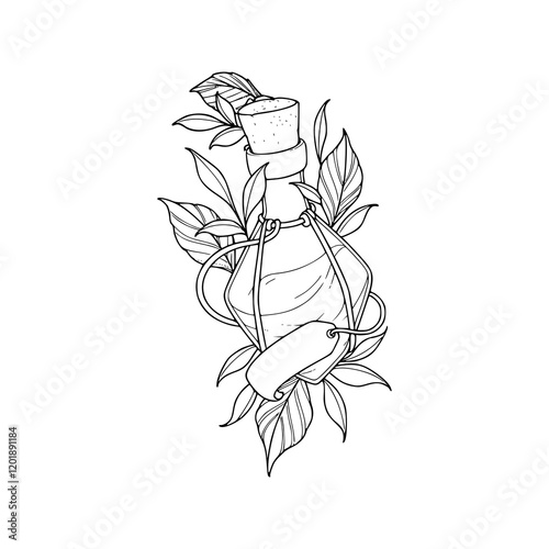 a line art drawing of poison bottle with flower illustration