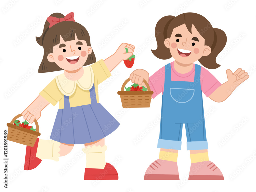 Illustration of cheerful girls picking strawberries Illustration of cheerful girls picking strawberries