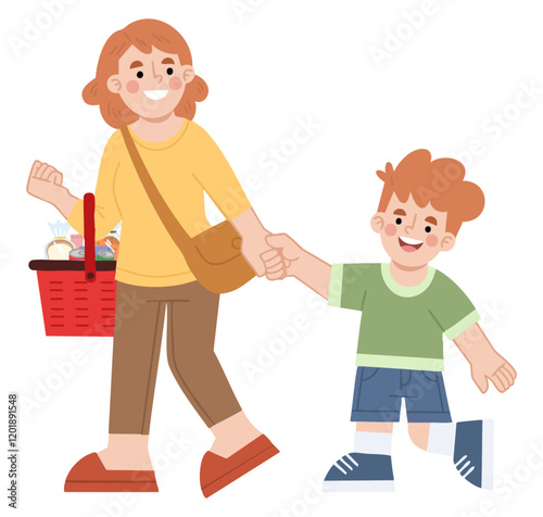 Illustration of mother and son shopping for groceries