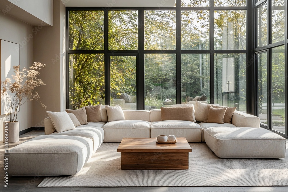 Fototapeta premium Mid century Modern Interior Design in the Living Room of a House with Large Window and Sofa and Table. Generative AI 