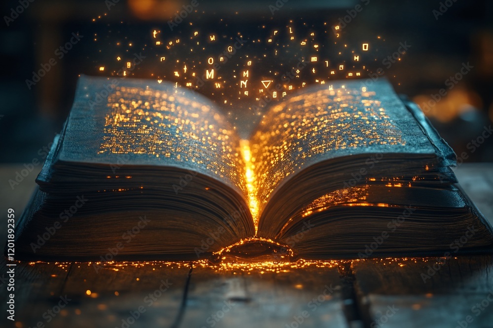 Fototapeta premium Magical glowing book on wooden table, mystical letters float. Fantasy, storytelling, education