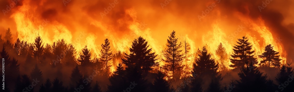 A dramatic scene of a forest fire consuming trees, representing the environmental disaster caused by human actions and the urgency for global conservation efforts. A dramatic scene of a forest fire consuming trees, representing the environmental disaster caused by human actions and the urgency for global conservation efforts.