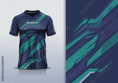 T-shirt mockup abstract stripe line jersey design for football, soccer, racing, esports, running, in purple black color