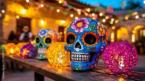 Vibrant Da de los Muertos Fiesta for Furry Friends with Costumed Pets,Calavera Piatas,and Colorful photo