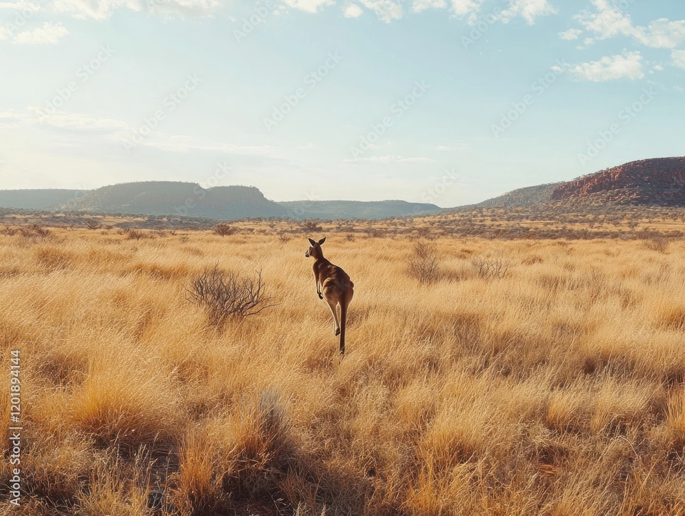 Kangaroo leaps across the vast golden outback landscape under a clear blue sky Kangaroo leaps across the vast golden outback landscape under a clear blue sky
