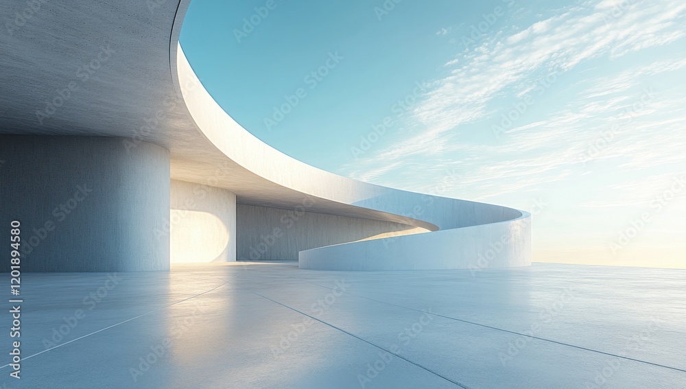 Modern Architectural Design Featuring Curved Lines and Smooth Surfaces in an Open Space with Soft Natural Light and Clear Blue Sky Modern Architectural Design Featuring Curved Lines and Smooth Surfaces in an Open Space with Soft Natural Light and Clear Blue Sky