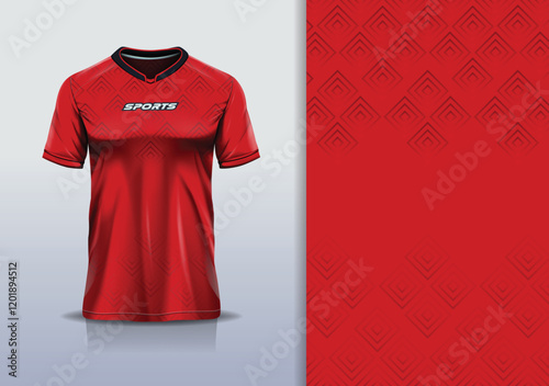 T-shirt mockup abstract hexagon line sport jersey design for football, soccer, racing, esports, running, in red color