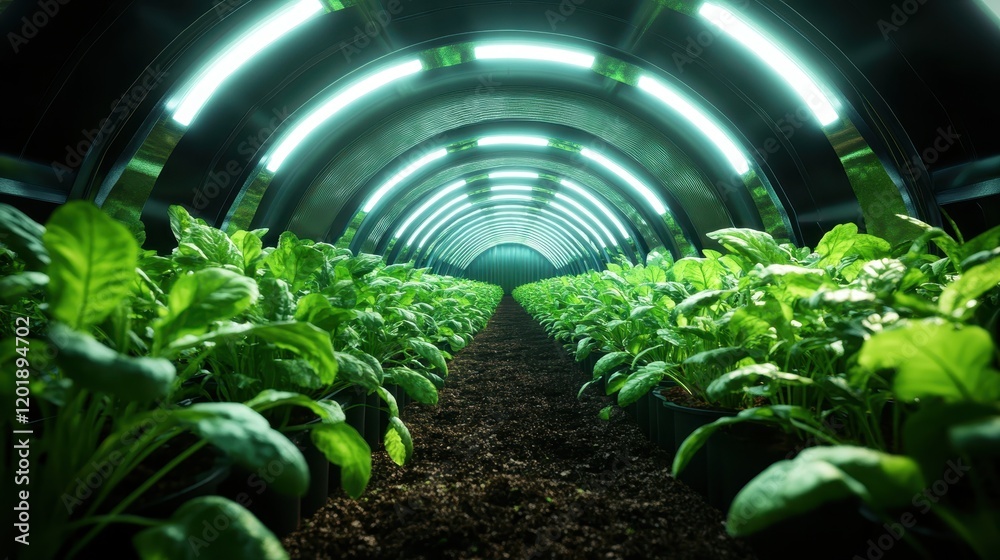Lush green plants grow in an illuminated, futuristic vertical farming setup, representing modern agricultural techniques and technologies for sustainable growth. Lush green plants grow in an illuminated, futuristic vertical farming setup, representing modern agricultural techniques and technologies for sustainable growth.