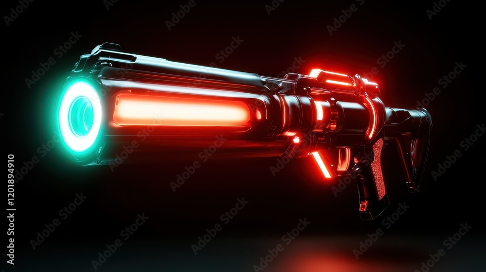 A high-tech weapon with sleek black chrome elements, glowing blue and red components, exuding a sense of formidable power ready for combat scenarios. A high-tech weapon with sleek black chrome elements, glowing blue and red components, exuding a sense of formidable power ready for combat scenarios.