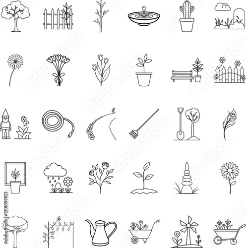 Gardening icons plants, tools, fences, flowers, and landscape