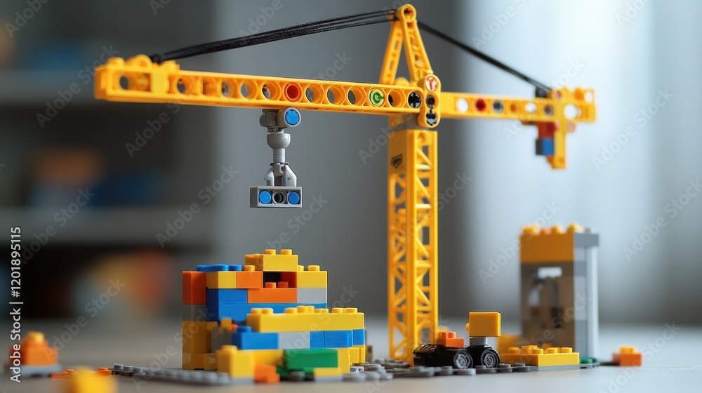 Obraz premium Yellow toy crane lifts blocks, indoor playroom