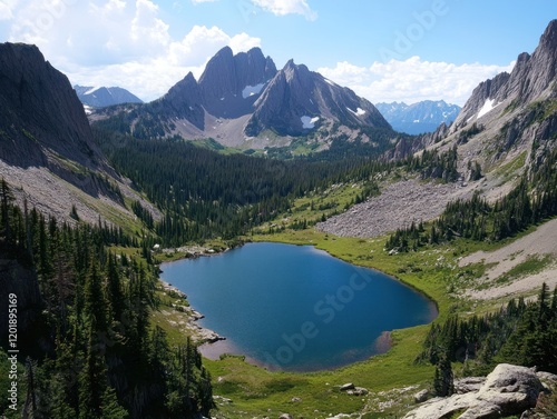 High altitude lake surrounded by rugged mountains and dense forests, a serene alpine landscape