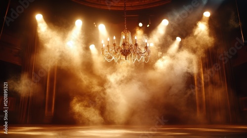 A grand chandelier hangs in a spotlight on a vintage stage, surrounded by theatrical mist; a scene embodying elegance and sublime artistic expression. photo