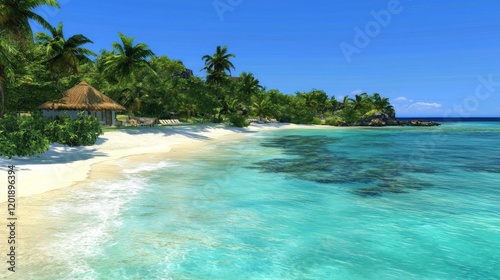 Tropical beach hut, turquoise ocean, palm trees, idyllic getaway