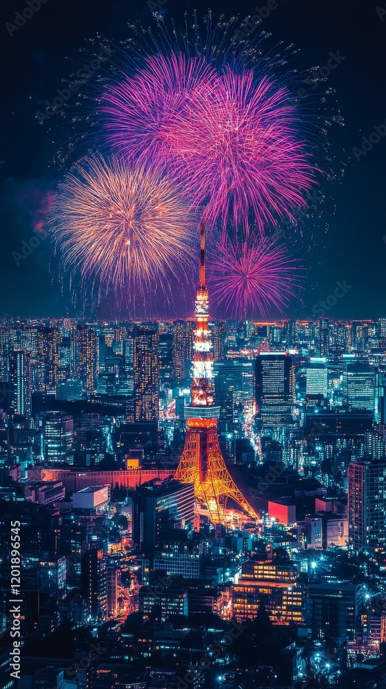 Obraz premium A vibrant cityscape of Tokyo with fireworks illuminating the skyline.