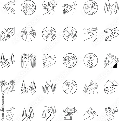 Winding River Paths Nature Icons, Landscape Illustrations, Scenic Routes