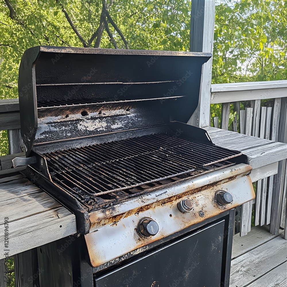 Open Grill with Cooking Grates and Control Knobs on Wooden Deck Surrounded by Green Trees Open Grill with Cooking Grates and Control Knobs on Wooden Deck Surrounded by Green Trees
